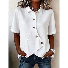 Women's Linen-feel Shirts Blouse Buttons Solid Color Basic Casual Short Sleeve Shirt Collar Regular Tops Daily Blue White Apricot Summer Spring