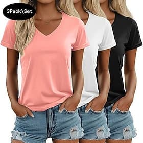 Multi Packs 3pcs Female Crew Neck Short Sleeve BlackPinkWhite T Shirt Tee Top Plain Solid Color Daily Outdoor Polyester Summer
