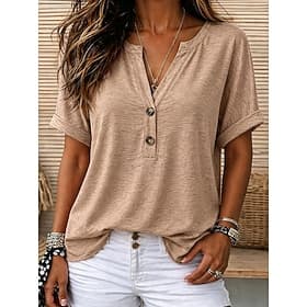 Women's Shirt Cotton Shirt Solid Color Graphic Plain Vintage Fashion Short Sleeve V Neck Regular Tops Casual Beach Blue Black Pink Khaki Gray Summer Spring Fal