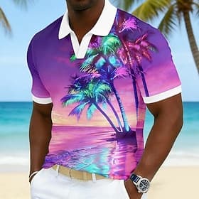 Homme A Ombre Palmier Polos Hawaïens Manche Courte Polos Col en V Occasionnel Resort Athleisure Tenue quotidienne Vêtements de vacances Impression 3D Printemps