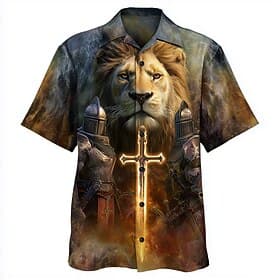 Men's Lion Knights Templar Cross Shirt Button Up Shirt Camp Collar Shirt Short Sleeve Vintage Retro Holiday Casual Daily Summer Spring Cuban Collar 3D Print Or