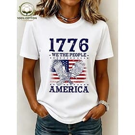 American Independence Day Women's 100% Cotton T Shirt Print Graphic American Flag Vintage Stylish Casual Short Sleeve Crew Neck Regular Tops Casual Daily Weeke