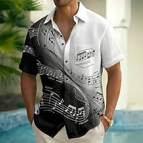 Men's Gradient Color Piano Musical Notes Shirt Summer Shirt Button Up Shirt Short Sleeve Vintage Retro Music Festival Holiday Summer Spring Turndown 3D Print C