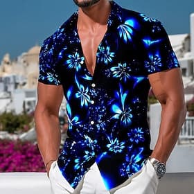 Men's Floral Print Neon Glow Flowers Summer Hawaiian Shirt Tropical Shirts Aloha Shirt Short Sleeve Hawaiian Beach Vacation Wear Summer Spring Turndown 3D Prin