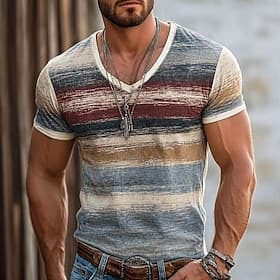 Men's Color Block Line T Shirt Short Sleeve T shirt 3D Print V Neck Shirt Vacation Retro Vintage Casual Daily Street Blue Red Brown Spring  Summer Clothing App
