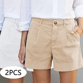 Multi Packs 2pcs Women's Cotton Shorts Summer Shorts Chinos Vacation Streetwear Basic Natural Solid Color Plain Zipper Pocket Buckle Breathability Soft Inelas