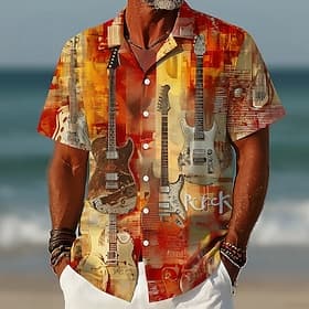Men's Rock Guitar Musical Instrument Shirt Button Up Shirt Camp Collar Shirt Short Sleeve Vintage Retro Music Festival Holiday Summer Spring Cuban Collar 3D Pr