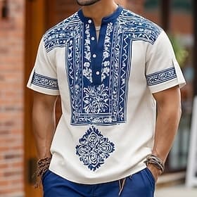 Men's Geometric Ethnic Intricate Floral Shirt Button Down Shirt Henley Shirt Short Sleeve Vintage Retro Holiday Casual Daily Summer Spring Standing Collar Henl