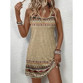 Per donna Mini abito Abito a trapezio Vacanza Casual Spiaggia Ferie Vestibilità aderente Grafico Geometrico Senza Maniche Collo a U Marrone Cachi Estate Primav