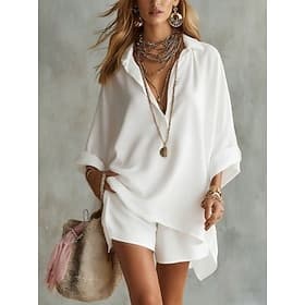 Women's Linen-feel Set Shorts Sets 3/4 Length Sleeve V Neck Solid Color Fashion Streetwear Casual Daily Outdoor Blue Black White Summer Regular Fit