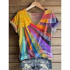 Women's T Shirt Print Floral Graphic Plants Vintage Stylish Casual Short Sleeve V Neck Regular Tops Daily Weekend Blue Yellow Wine Purple Orange Summer Spring