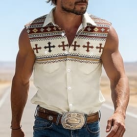 Men's Cross Ethnic Color-blocking Western Shirt Cowboy Shirt Sleeveless Shirt Sleeveless Vintage Western Style Outdoor Vacation Summer Spring Turndown 3D Print