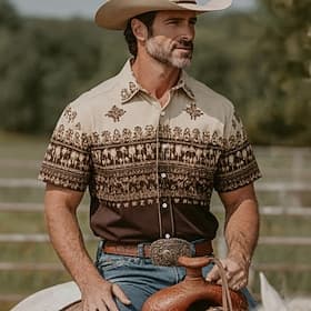 Men's Ethnic Intricate Floral Shirt Western Shirt Cowboy Shirt Short Sleeve Vintage Retro Outdoor Vacation WorkWear Summer Spring Turndown 3D Print Linen Like