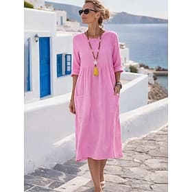 Femmes Robe Midi Robes effet lin Robe trapèze Robe d'été Occasionnel Quotidien Coupe Ample Uni Manche 3/4 Col ras du cou Bleu Jaune Rose Claire Fuchsia Été Pri