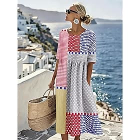 Women's Midi Dress Shift Dress Vacation Casual Boho Regular Fit Floral Graphic Half Sleeve Crew Neck Pink Summer Spring