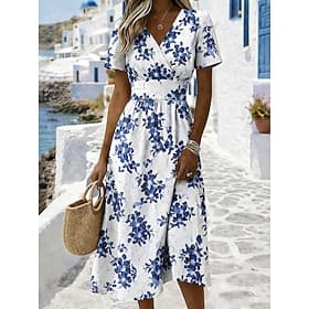 Women's Midi Dress A Line Dress Vacation Casual Boho Regular Fit Floral Graphic Short Sleeve V Neck Blue Red Purple Green Summer Spring