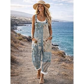 Femmes Combinaison Actif Fleuri Sans manches Sans manches Droit Col carré Patchwork Avec Poches Quotidien Plage Coupe Ample Bleu Violet Vert Été