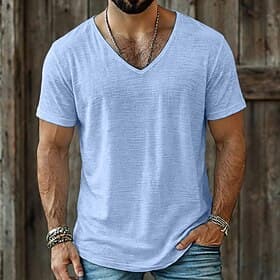Men's Tee Top Linen T-Shirt Short Sleeves V Neck Summer Plain Fashion Designer Basic Soft Casual Vacation Street Lake blue Black White Top Tee for Men