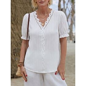 Women's T Shirt Tee Top Lace Patchwork Textured Plain Fashion Stylish Classic Short Sleeve V Neck Long Tops Casual Daily Going out Black White Yellow Sky Blue