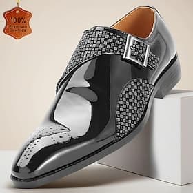 Zapatos de vestir de hombre de piel auténtica de primera calidad, color negro charol, con hebilla tipo monk strap y panel texturizado. Calzado formal de lujo p
