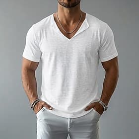 Homme T-shirt T-shirt en lin Manche Courte Manches courtes Col en V Été Uni Mode Designer Basique Flexible Occasionnel Vacances Rue Blanche T-shirt haut de gam