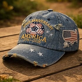 U.S. 250th Anniversary Denim Baseball Cap, World Soccer Cup Fan Gear Patriotic Embroidered Stars  Stripes Hat, Father's Day Gift for Dad, Vintage Distressed US