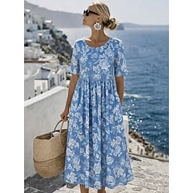 Women's Midi Dress Shift Dress Vacation Casual Holiday Regular Fit Floral Graphic Short Sleeve Crew Neck Blue Red Purple Green Summer Spring