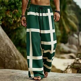 Men's Geometric Color-blocking Trousers Casual Pants Baggy Pants Mid Waist Boho Home Outdoor Vacation Elastic Drawstring Waist Linen-Like Pants with Pockets Su