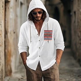 Homme Chemise Chemise en lin Chemise d'été Chemise de Plage Chemise Boutonnée Chemise à capuche Bohème Occasionnel Vacances Blanche manche longue À capuche Été