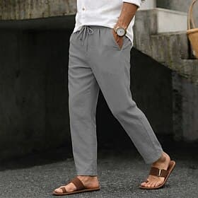 Men's Summer Pants Beach Pants Drawstring Pocket Elastic Waist Plain Comfort Breathable Full Length Daily Beach Vacation Vacation Hawaiian Blue Black Inelastic