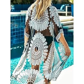 Women's Swimwear Cover Up Swim Dress Swimsuit Lace Vacation Beach Wear Floral V Neck Short Sleeves Bathing Suits