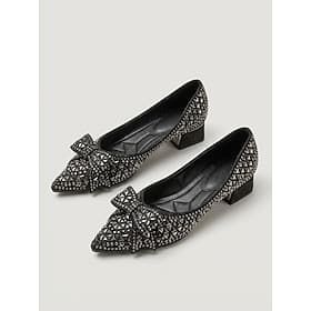 Women's Black Rhinestone Block Heel Pumps, Pointed Toe Bow Detail Elegant Dress Shoes for Mother of the Bride, Garden Wedding  Formal Events