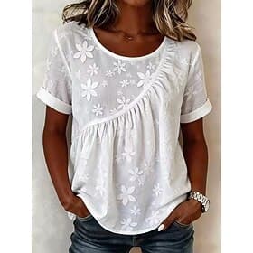 Women's Blouse Lace Solid Color Vintage Daily Stylish Short Sleeve Crew Neck Regular Tops Casual Daily White Summer Spring