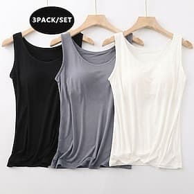 Multi Packs 3pcs Women's Round Neck Sleeveless Blackwhitegrey Tank Top Plain Casual Polyester Summer