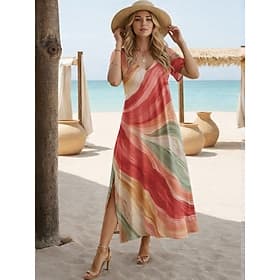 Easter Women's Maxi Dress A Line Dress Casual Daily Regular Fit Floral Abstract Short Sleeve V Neck White Red Brown Summer Spring