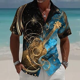 Men's Gradient Color Guitar Musical Instrument Shirt Summer Shirt Button Up Shirt Short Sleeve Vintage Retro Outdoor Music Festival Beach Vacation Wear Summer