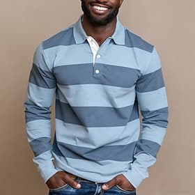 Men's Horizontal Stripes Rugby Polo Long Sleeve Polo Shirts Collared Shirts Sportswear Casual Outdoor School Athleisure 3D Print Spring Fall Blue Lake blue Gre