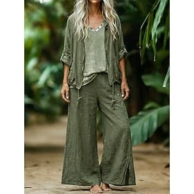 Femmes Ensembles en coton et lin Ensembles deux pièces Ensembles de Pantalons manche longue Col en V Uni Mode Streetwear Occasionnel Quotidien Extérieur Vert P