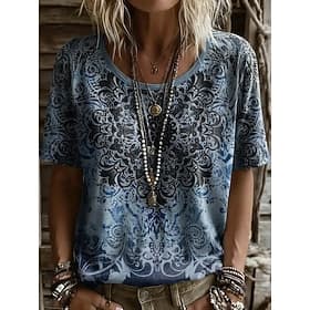 Women's T Shirt Print Floral Graphic Fashion Stylish Classic Short Sleeve Crew Neck Regular Tops Casual Daily Weekend Blue Brown Green Summer Spring