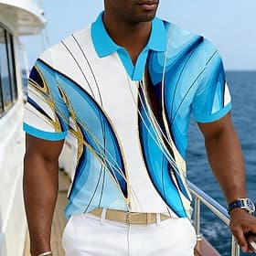 Men's Geometic Hawaiian Polo Shirts Short Sleeve Polo Shirts V Neck Casual Resort Athleisure Daily Wear Vacation Wear 3D Print Spring Summer Blue Navy Blue Pu
