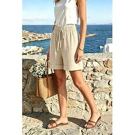 Women's Cotton Linen Shorts Bermuda Shorts Cotton Linen Pants Chinos Vacation Basic Short High Waist Plain Pocket Elastic Waistband Comfy Comfort Soft Inelasti