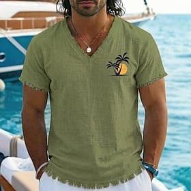 Herren-T-Shirt mit Palmenmotiv, Sonnenuntergang, tropischem Boho-Stil, Vintage-Look, V-Ausschnitt, Baumwoll-Leinen-Design, ausgefranstem Saum, lockerer Passfor