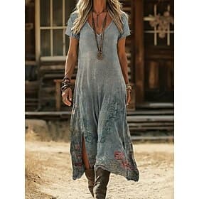 Women's Midi Dress Boho Dress Casual Dress A Line Dress Print Dress Vintage Outdoor Vacation Weekend Regular Fit Floral Graphic Short Sleeve V Neck Green Summe