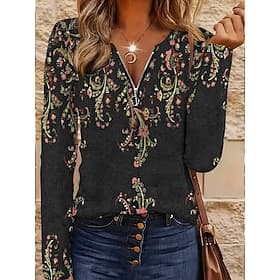 Women's T Shirt Quarter Zip Long Sleeve Casual Graphic Tribal Vintage Bohemia Tropical Hawaiian V Neck Regular Tops Daily Going out Black Spring Fall