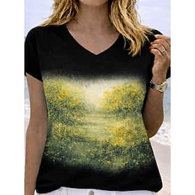 Femmes T-shirt Imprimé Graphique Lettre Équipe de football Élégant Classique Occasionnel Manche Courte Col en V Hauts Réguliers Occasionnel Quotidien Noir Viol