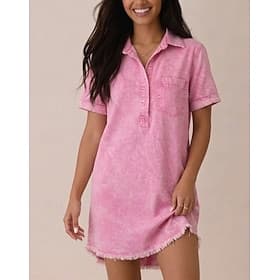 Women's 90% Cotton T Shirt Dress Knee Length Washed Dress Vintage Casual Short Sleeve Shirt Collar Blue Black Pink Summer Spring
