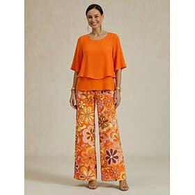 Women's Chiffon Floral Wide Leg Pants Set for Wedding and Elegant Occasions
