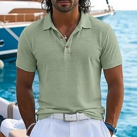 Voor heren Linnen overhemd Poloshirts Casual Vakantie Klassiek Korte mouw Vakantie Modieus Effen Met Textuur Knop Zomer Lente Normale pasvorm Meerblauw Zwart B thumbnail 3
