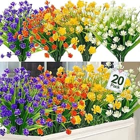20 künstliche Blumenbündel für den Außenbereich, Sommer- und Frühlingsgras, Kamelien, künstliche Plastikpflanzen, UV-beständiges, farbechtes Kunstgrün für Gart