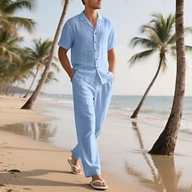 Homme Chemise en lin Deux pièces Ensemble Chemise Et Jambe large Pantalons en Lin Pantalons Set Uni Occasionnel Quotidien Extérieur Col Rabattu Manche Courte É